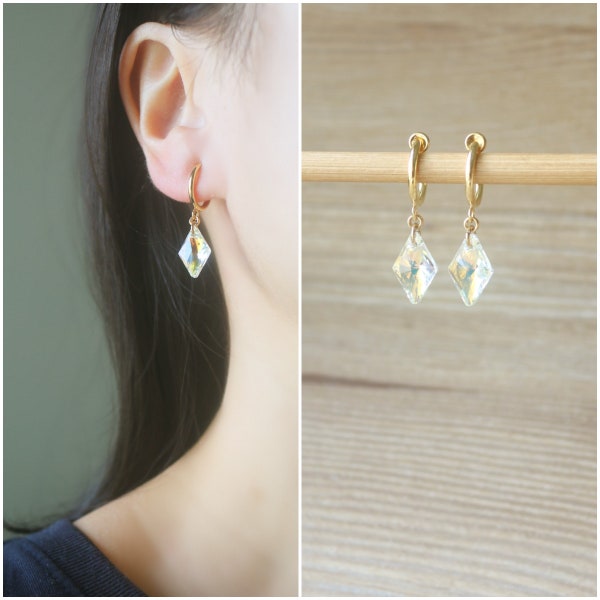 Swarovski Rhombus crystal hoop clip on earrings, non pierced earrings, dangle & drop earrings, wedding earrings, bridal bridesmaid earrings