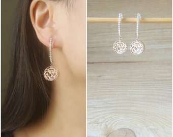 Rose Gold Clear crystal dangle Rose charm invisible resin clip on earrings, non pierced earrings, dangle and drop earrings, gift for her