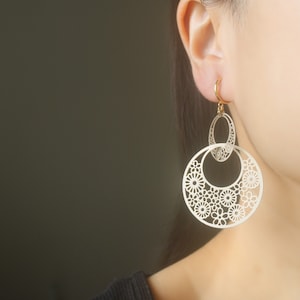 Matte Champagne Gold oversized cutout circle charm hoop clip on earrings, non pierced earrings, dangle & drop earrings, gift for her