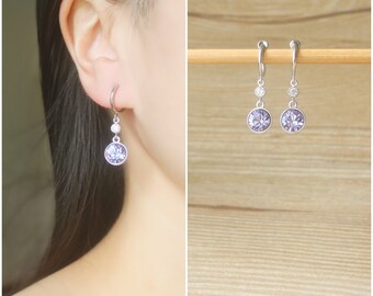 Swarovski crystal Silver hoop clip on earrings, non pierced earrings, dangle & drop earrings, Purple earrings, CZ earrings, gift for her