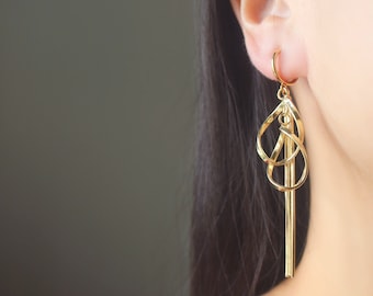 Gold twisted teardrop charms hoop clip on earrings, non pierced earrings, dangle & drop clip on earrings, Minimalist earrings, gift for her