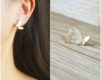 Gold color clear CZ and White Imitation shell butterfly mismatched stud invisible resin clip on earrings, non pierced earrings, gift for her