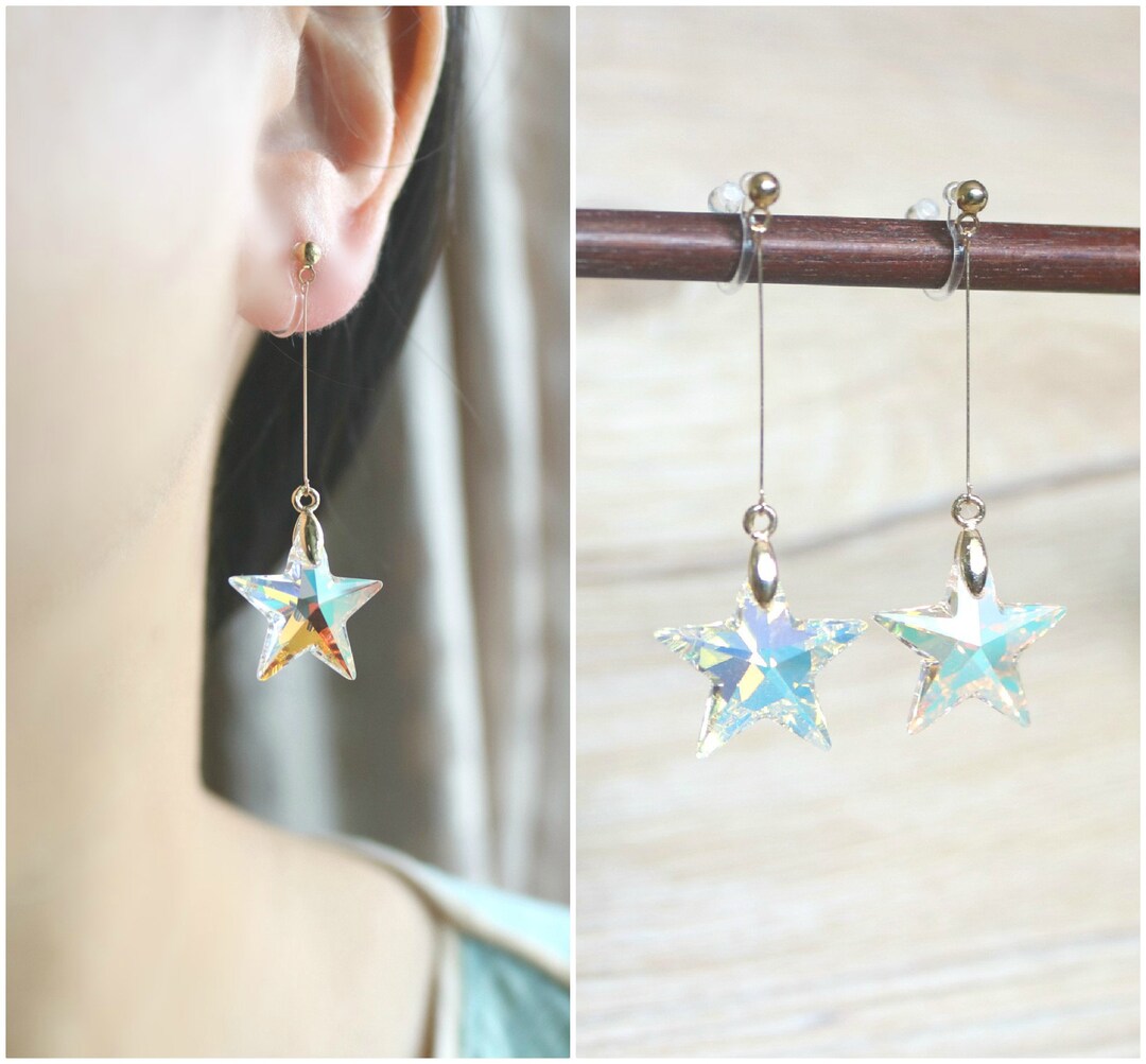 Swarovski Crystal Star Invisible Clip on Earrings Non Pierced
