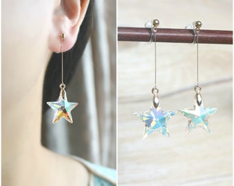 Swarovski crystal star invisible clip on earrings, non pierced earrings, clip on drop earrings, clip on star earrings, Clip on earring