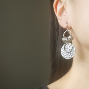 Antique Silver circle and ring heavy metal hoop clip on earrings, non pierced earrings, vintage dangle & drop earrings, gift for her