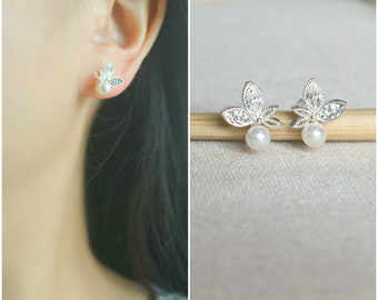 Butterfly pearl stud resin clip on earrings, invisible clip on earrings, non pierced earrings, resin clip on earrings, clip on stud earrings