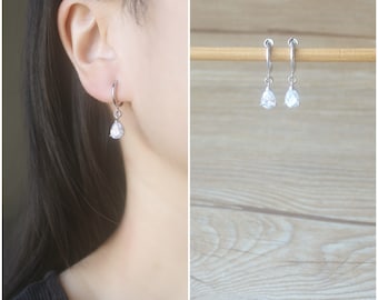 Clear Cubic zirconia teardrop Silver hoop clip on earrings, non pierced earrings, dangle & drop earrings, Minimalist earrings, gift for her