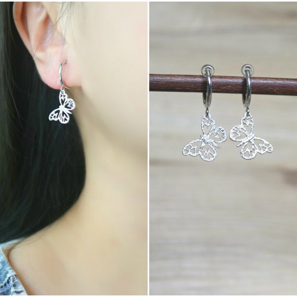 Vlinder hars hoepel clip op oorbellen, niet doorboorde oorbellen, hoepel clip op oorbellen, clip op oorbellen, clip op drop oorbellen, clip-ons