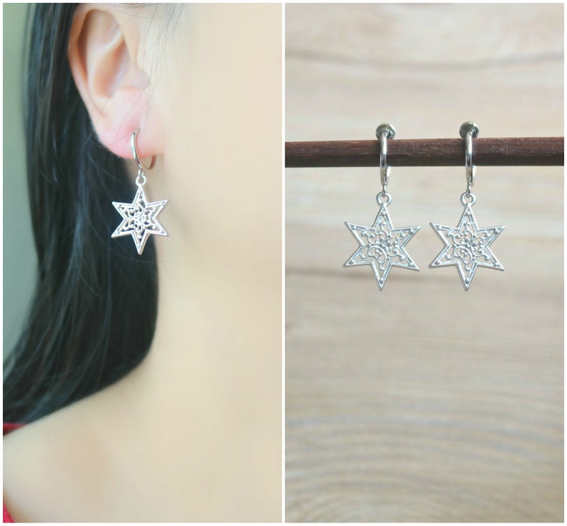 modern clip on earrings clip on drop earrings Star filigree hoop clip on earrings hoop clip on earrings non pierced earrings clip-ons