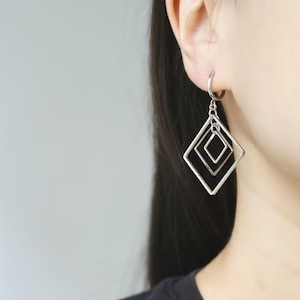 Silver tone triple Spinning Squares hoop clip on earrings, non pierced earrings, dangle & drop earrings, Minimalist earrings, gift for her