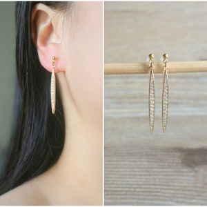 Gold Rhinestone bar invisible resin clip on earrings, non pierced earrings, dangle & drop earrings, CZ crystal stones earrings, gift for her