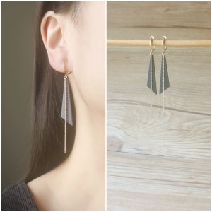 Gold Chain Black triangle charms hoop clip on earrings, non pierced earrings, dangle & drop earrings, Minimalist earrings, gift for her