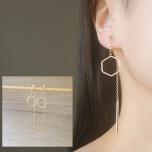 Gold double sided invisible resin clip on earrings, non pierced earrings, Hexagon clip on earrings, dangle & drop earrings, gift for her