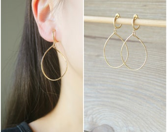 Gold dangle teardrop charm hoop clip on earrings, non pierced earrings, dangle & drop clip on earrings, Minimalist earrings, gift for her