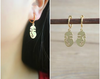 Gold Picasso Face hoop clip on earrings, non pierced earrings, dangle & drop earrings, girl face earrings, Minimalist earrings, gift for her