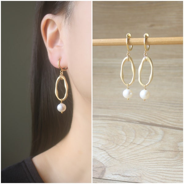 Matte gold irregular oval charm White Fresh water pearl gold hoop clip on earrings, non pierced earrings, dangle & drop earrings, gift