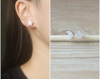 Silver Star and Moon mismatached crystal stud invisible resin clip on earrings, non pierced earrings, Minimalist earrings, gift for her