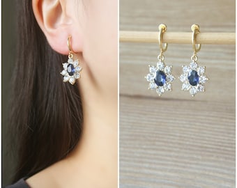 Dark Navy crystal hoop clip on earrings, non pierced earrings, dangle & drop clip on earrings, clip on earrings, blue earrings, gift for her