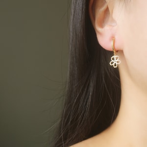Gold tiny Cherry blossom hoop clip on earrings, dangle & drop earrings, flower earrings, Minimalist earrings, dainty earrings, gift for her