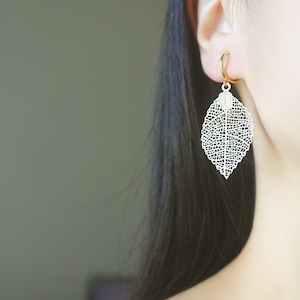 Raw Brass leaf hoop clip on earrings, non pierced earrings, drop & dangle clip on earrings, Minimalist clip on earrings, gift for her