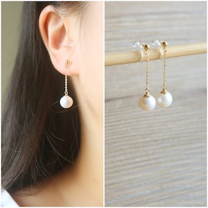 Gold dangle Ivory Fresh Water pearl invisible resin clip on earrings, non pierced earrings, wedding clip on earrings, gift for her
