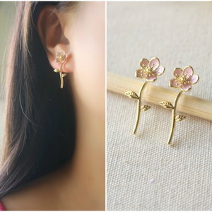 Pink Cherry Blossom invisible resin clip on earrings, flower clip on earrings, non pierced earrings, floral earrings, Sakura earrings