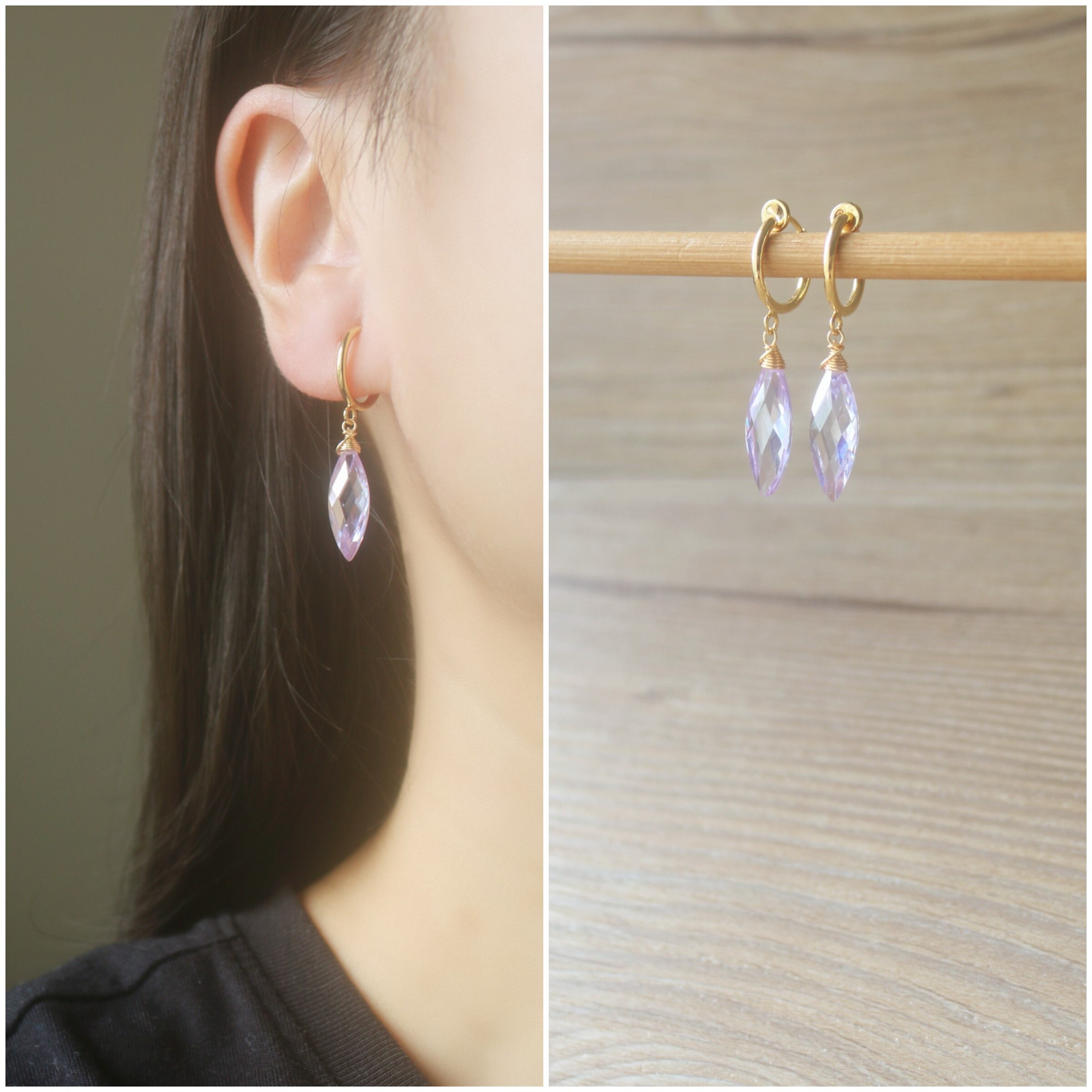 Boucles D'oreilles Pendantes Cerise En Zirconium Violet - Plaqué Or, Alliage, Cadeau
