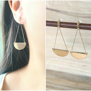 Gold half circle invisible resin clip on earrings, non pierced earrings, dangle & drop earrings, Minimalist earrings, gift for her