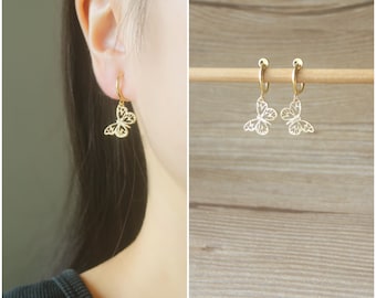 Matte gold Butterfly charm hoop clip on earrings, non pierced earrings, dangle & drop earrings, Minimalist earrings, gift for her