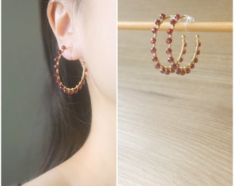 40mm gold open hoop gemstone Garnet wire wrapped invisible resin clip on earrings, non pierced earrings, red clip on earrings, gift for her