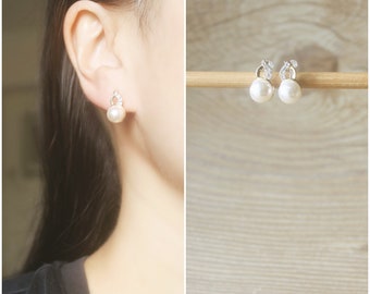 Gold color White crystal pearl Clear crystal stud invisible resin clip on earrings, non pierced earrings, wedding earrings, gift for her