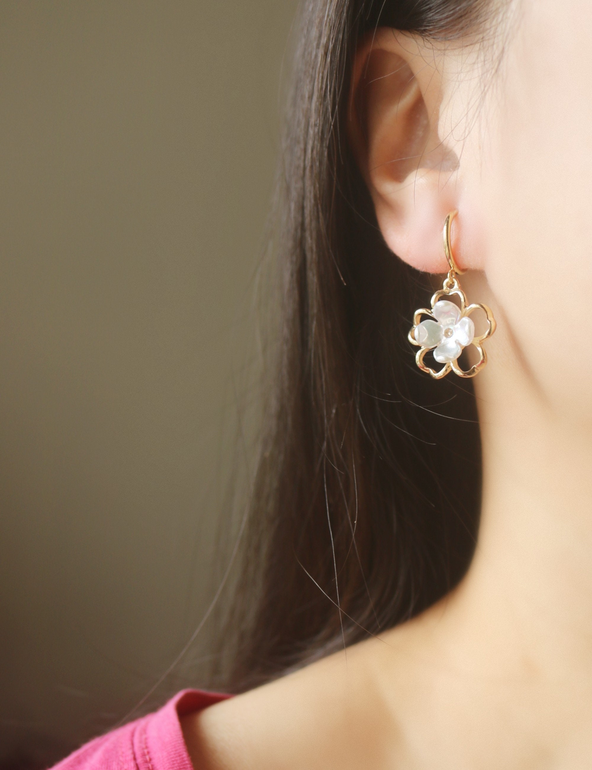 Gold Dangle Flower Hoop Clip on Earrings Non Pierced - Etsy