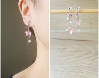 Swarovski crystal Butterfly and flower mismatched invisible resin clip on earrings, non pierced earrings, Silver dangle & drop earrings