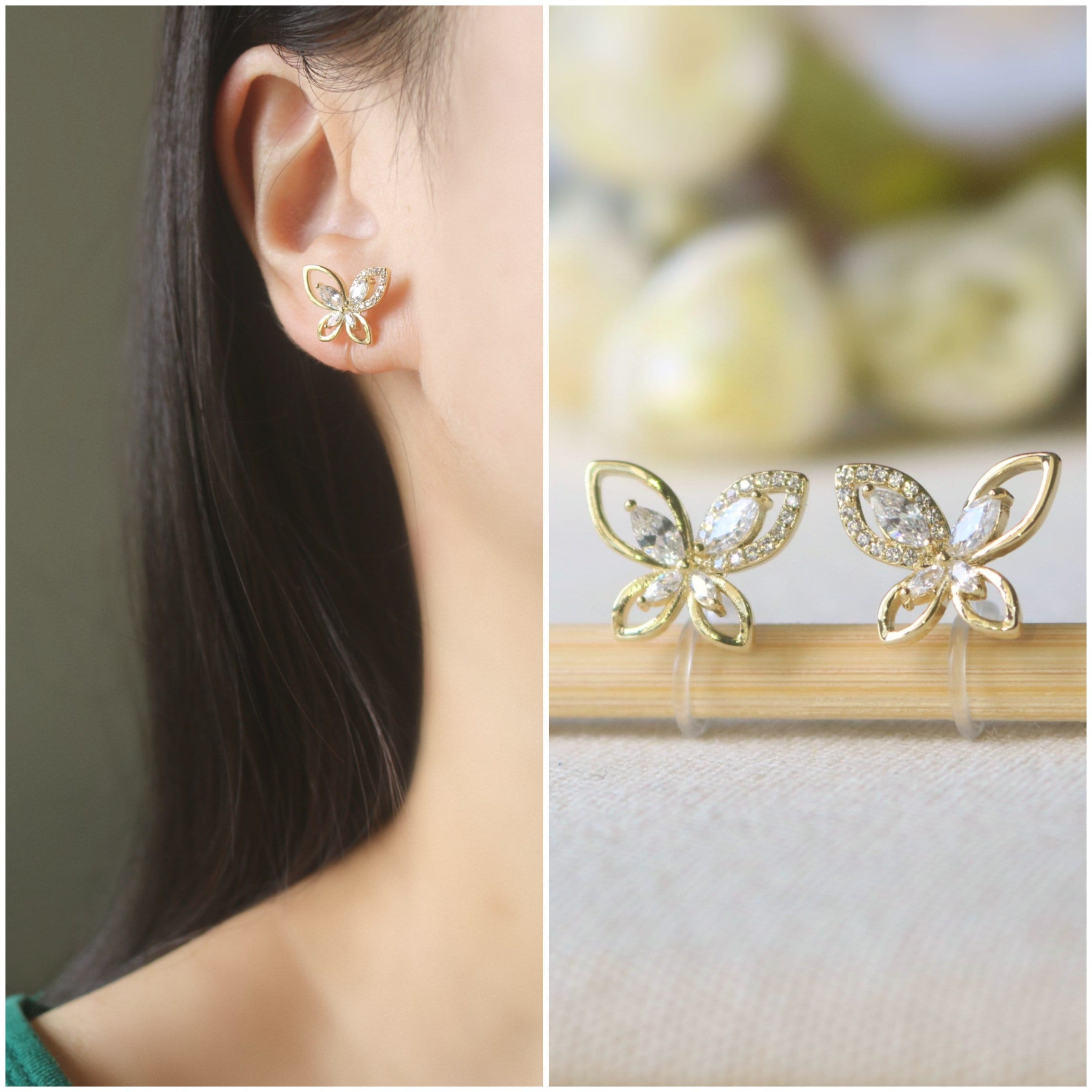 Stud earrings - Metal & strass, gold & crystal — Fashion