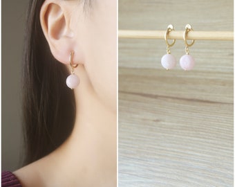 Natural Madagascar Rose Quartz gemstone Gold hoop clip on earrings, non pierced earrings, dangle & drop earrings, gift for her