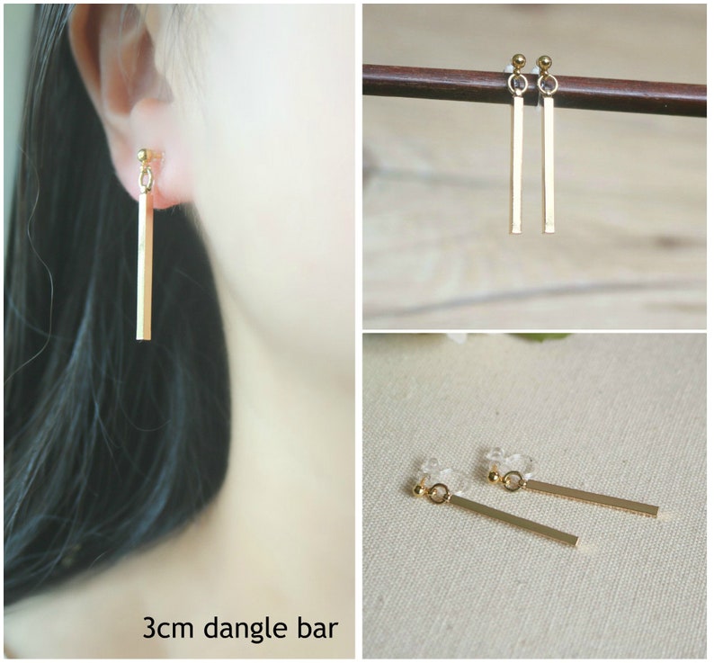 Gold dangle bar invisible resin clip on earrings, non pierced earrings, dangle & drop earrings, Minimalist earrings, gift for her image 2