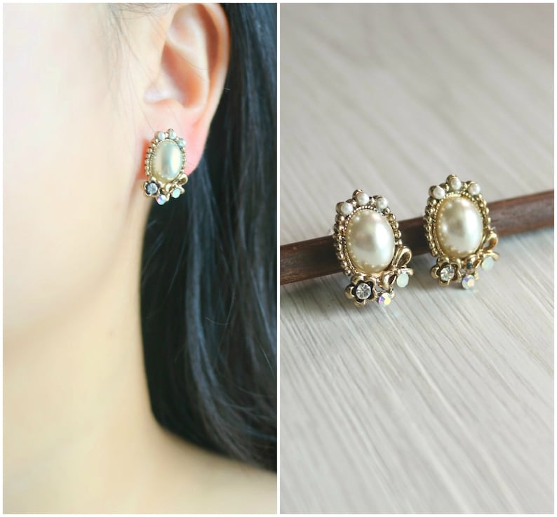 invisible clip on earrings stud clip on earrings resin clip on earrings non pierced earrings Vintage pearl stud clip on earrings