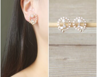 Gold little wreath stud invisible resin clip on earrings, Non pierced earrings, white resin pearl clip on earrings, crystal clip on earrings