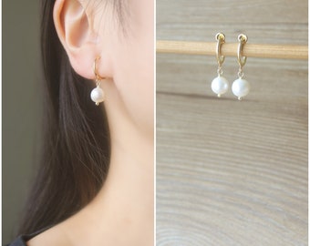 White Fresh water pearl Gold hoop clip on earrings, non pierced earrings, Minimalist dangle & drop earrings, wedding earrings, gift for her