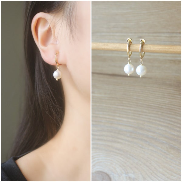 White Fresh water pearl Gold hoop clip on earrings, non pierced earrings, Minimalist dangle & drop earrings, wedding earrings, gift for her