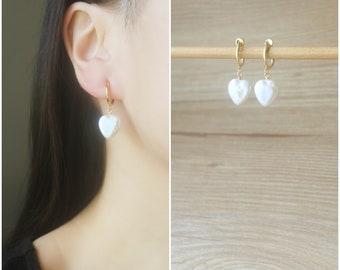 Heart shape White Fresh water pearl Gold hoop clip on earrings, non pierced earrings, dangle & drop earrings, Minimalist earrings, gift