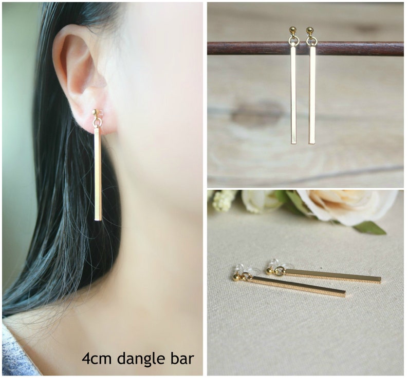 Gold dangle bar invisible resin clip on earrings, non pierced earrings, dangle & drop earrings, Minimalist earrings, gift for her image 5