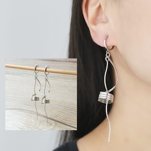 Silver tone corkscrew spiral long bar hoop clip on earrings, non pierced earrings, dangle & drop earrings, Minimalist earrings, gift for her