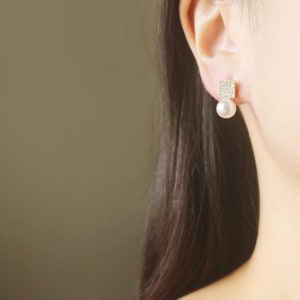 Gold crystal square stud White resin pearl invisible resin clip on earrings, non pierced earrings, Minimalist earrings, wedding earrings