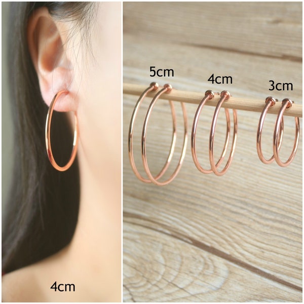 Rose Gold hoop clip on earrings, clip on earrings, non pierced earrings, dangle & drop earrings, Minimalist earrings, gift for her