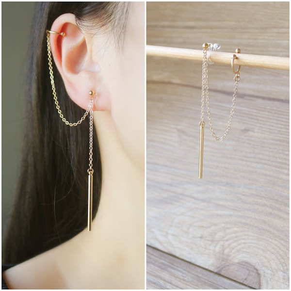 1 piece of gold chain ear cuff invisible resin clip on earrings, non pierced earrings, dangle bar earrings, dangle & drop clip on earrings