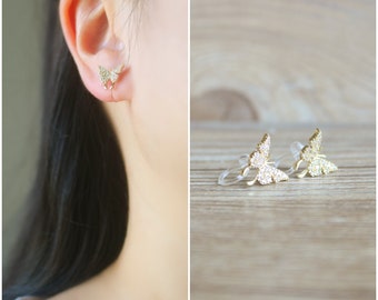 Gold CZ butterfly stud invisible resin clip on earrings, non pierced earrings, comfortable clip on earrings, gift for her