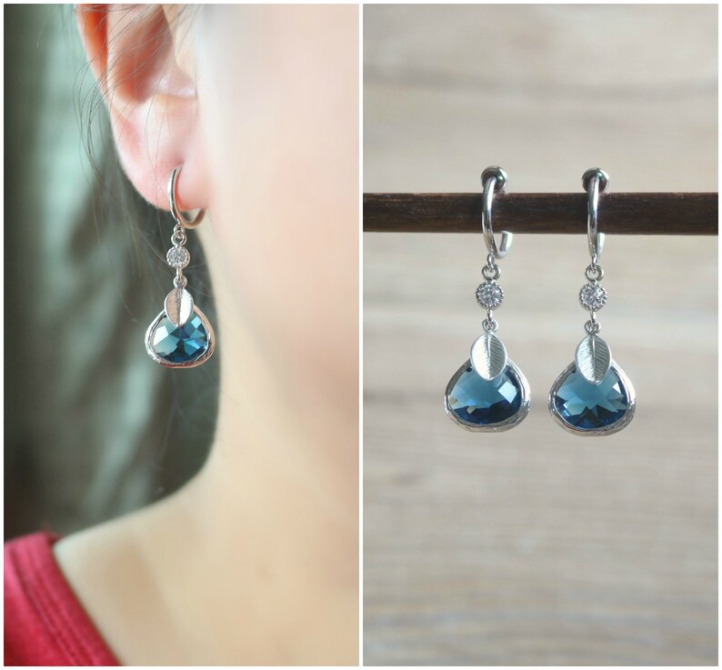 Navy CZ hoop clip on earrings non pierced earrings clip on drop earrings Blue clip on earrings clip on earrings clip on hoop earrings
