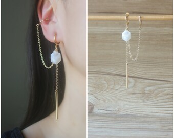 1 piece of gold chain dangle bar Hexagon Faceted Rainbow moonstone ear cuff hoop clip on earrings, non pierced dangle & drop earrings