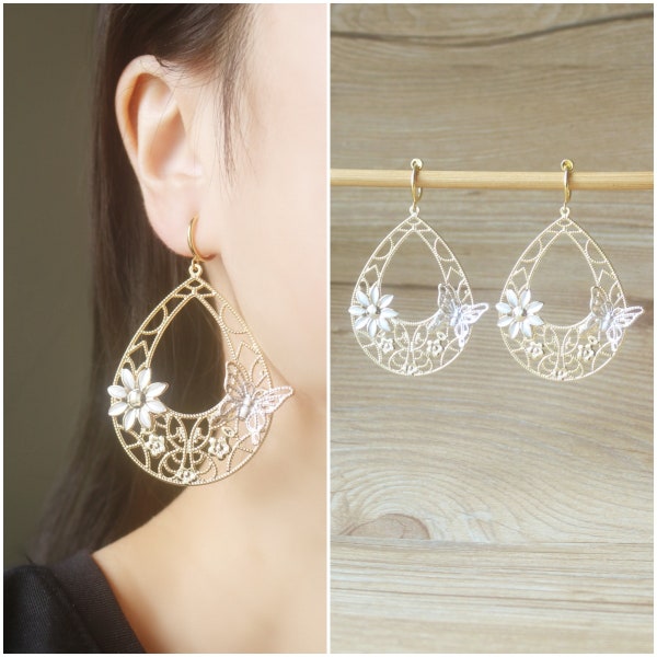 Champagne Gold oversized teardrop charm hoop clip on earrings, non pierced earrings, dangle & drop earrings, flower butterfly earrings